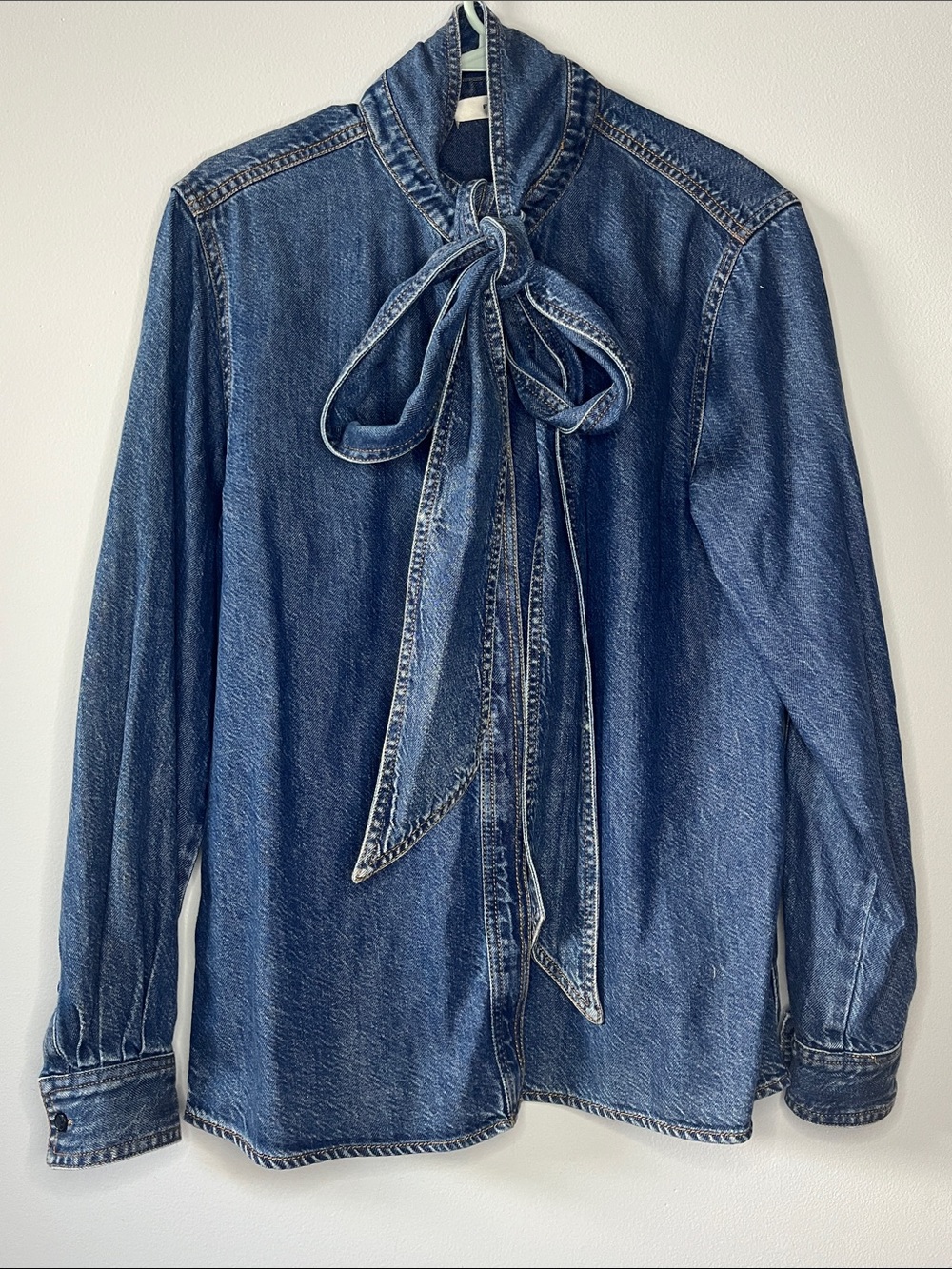 Frame Denim Secretary Blouse tie neck minimalist denim button down top